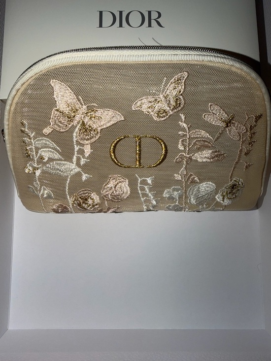 Dior Handbags - Dior Beige Embroidered Butterfly & Floral Cosmetic Pouch with Gold CD Logo